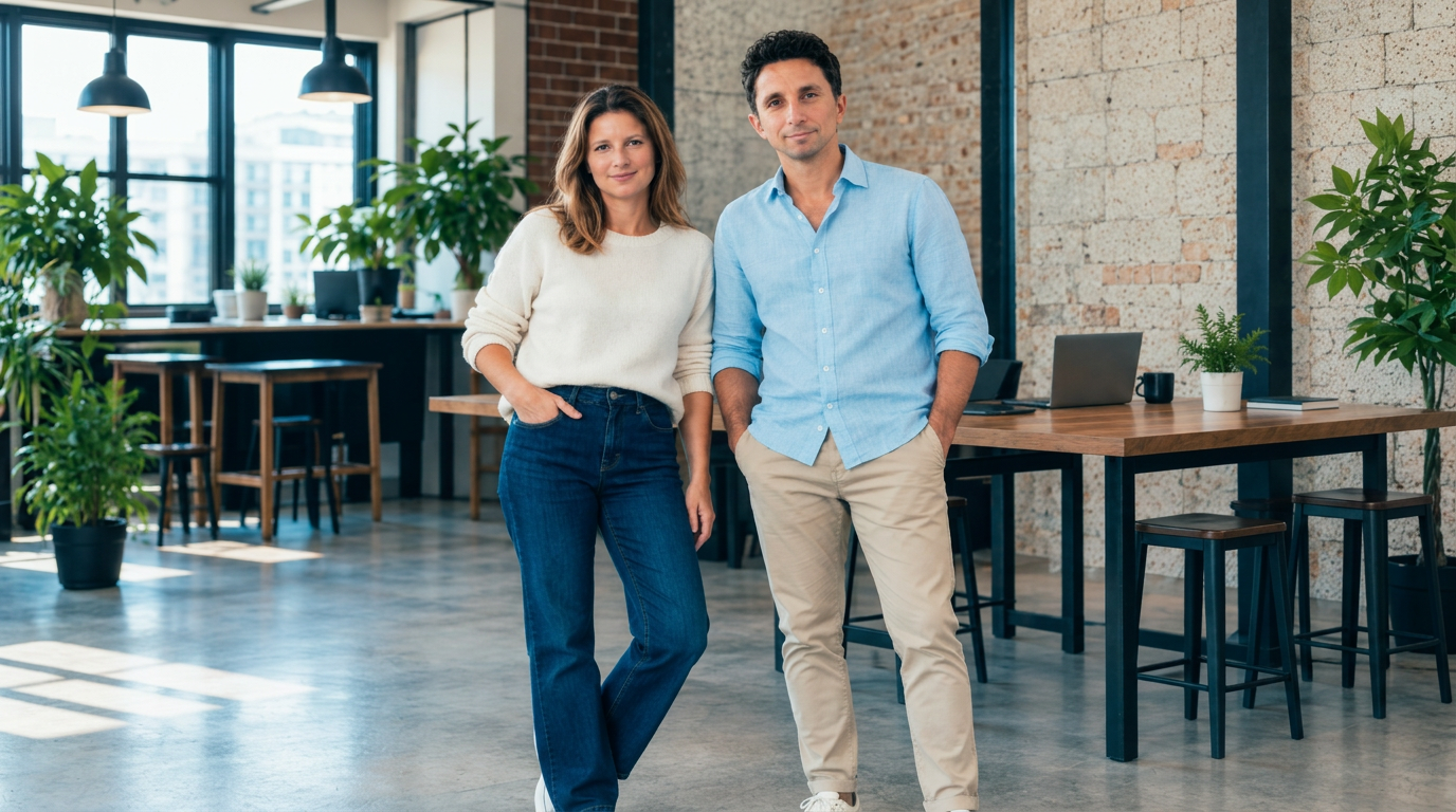Constance et Camille, fondateurs de Millième, debout dans leur bureau à Marseille